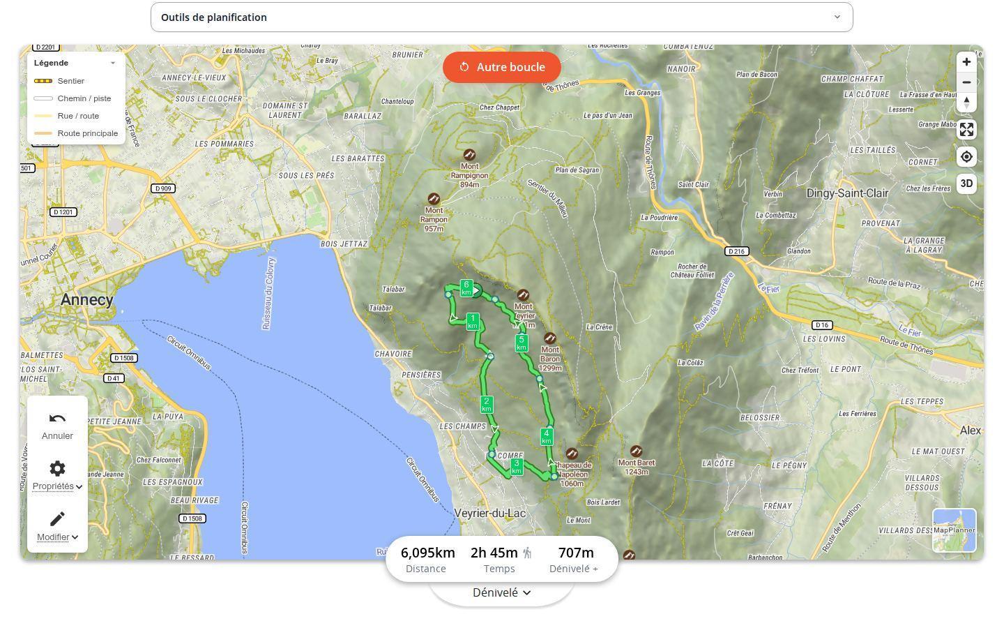 Boucle de randonnée générée entre le mont Veyrier, le Chapeau de Napoléon et le mont Baron au-dessus d'Annecy dans MapPlanner, avec le bouton pour générer une autre boucle et les statistiques du parcours : 6,1 km, 2 h 45 min et 707 m de dénivelé positif