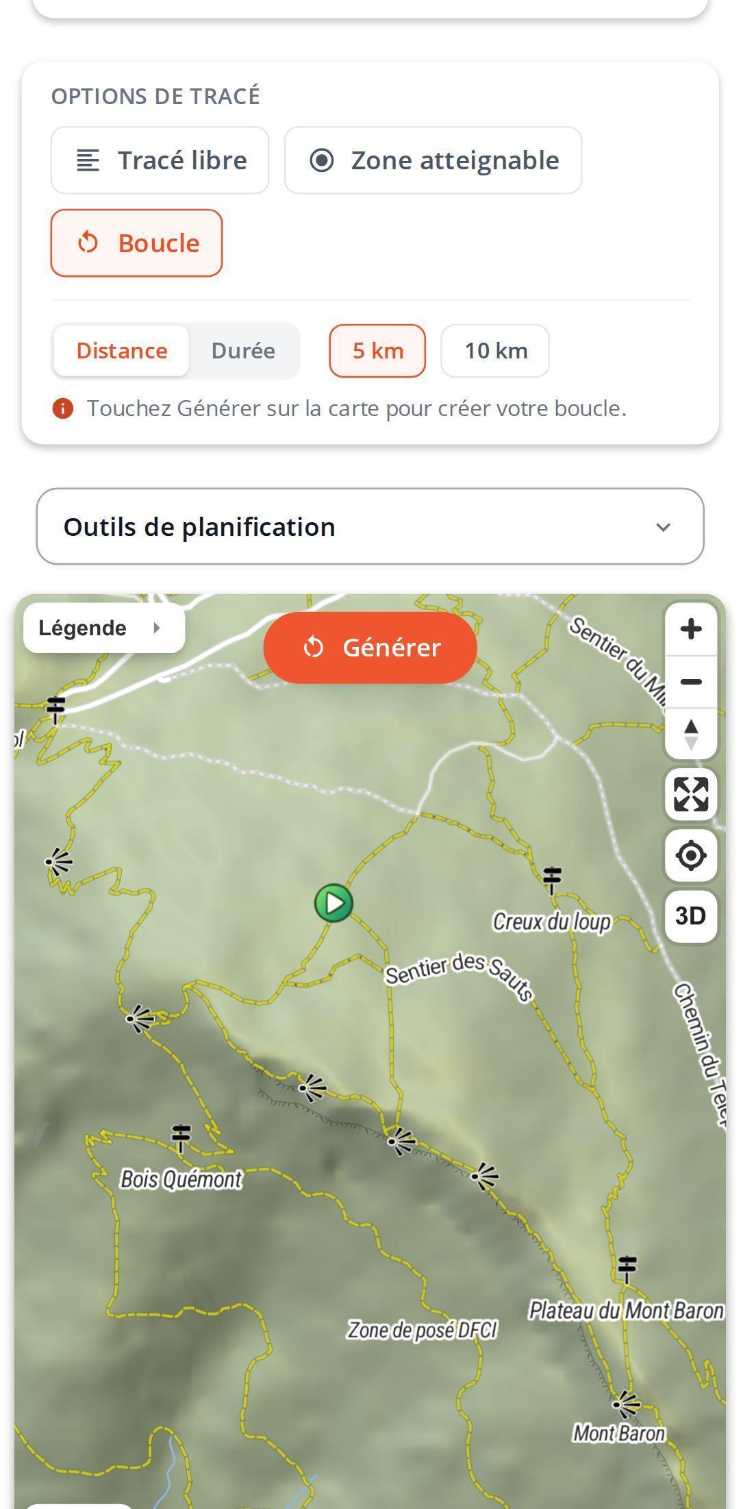 Options de boucle sur smartphone dans MapPlanner : mode boucle sélectionné, choix entre distance et durée, valeurs 5 km et 10 km avec le bouton de génération sur la carte à côté du point de départ
