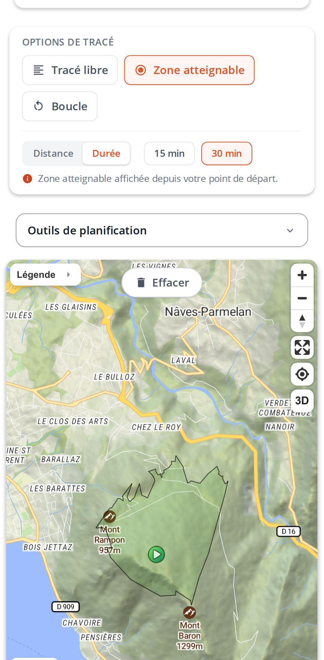 Options de tracé sur smartphone dans MapPlanner : zone atteignable sélectionnée, choix entre distance et durée, valeurs 15 min et 30 min avec la zone colorée autour du point de départ