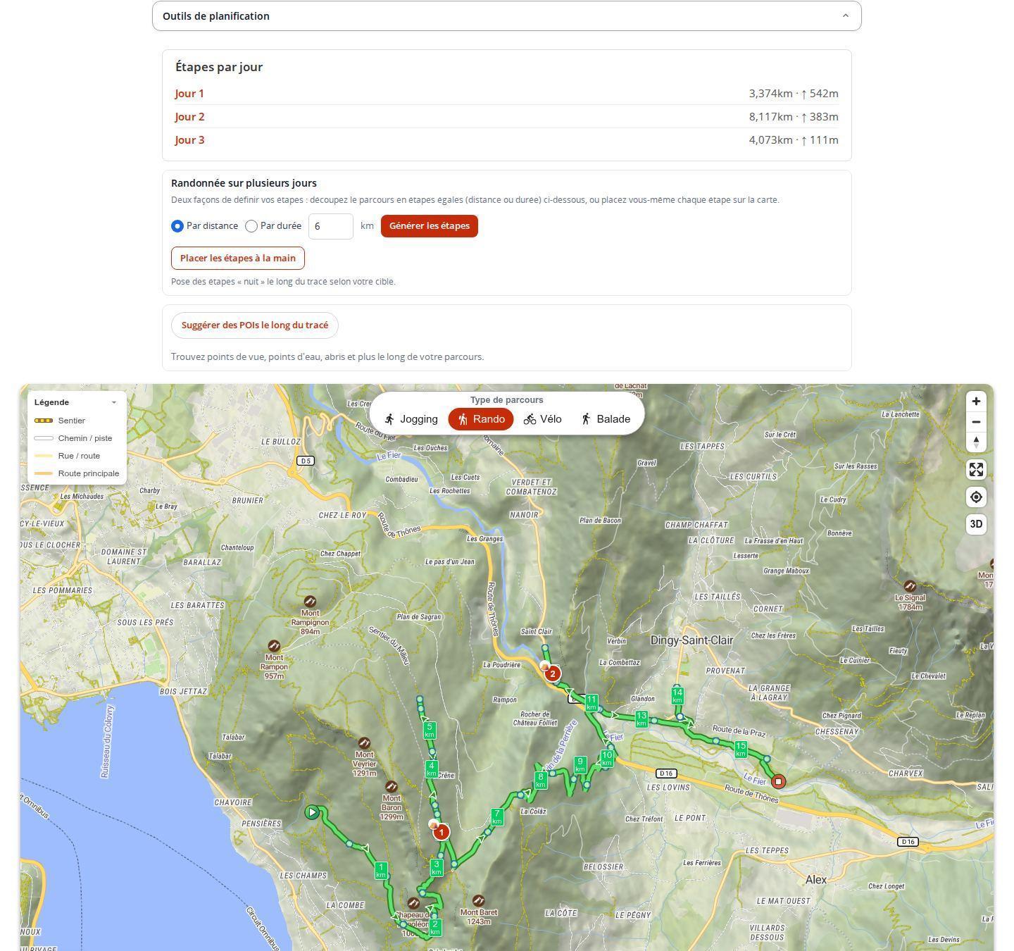 Randonnée de plusieurs jours découpée en étapes dans le planificateur MapPlanner sur ordinateur, avec les étapes de nuit placées sur le tracé et le résumé des étapes par jour affichant jour 1, jour 2 et jour 3 avec leur distance et leur dénivelé positif