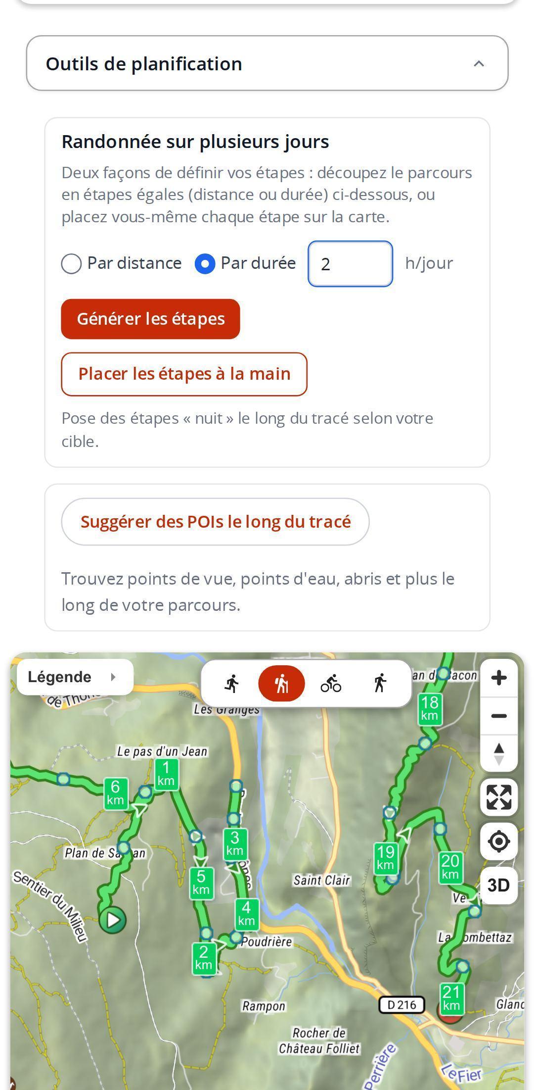 Bloc de randonnée sur plusieurs jours sur smartphone dans MapPlanner, avec le choix par distance ou par durée, la valeur en heures par jour et les boutons pour générer les étapes ou les placer à la main