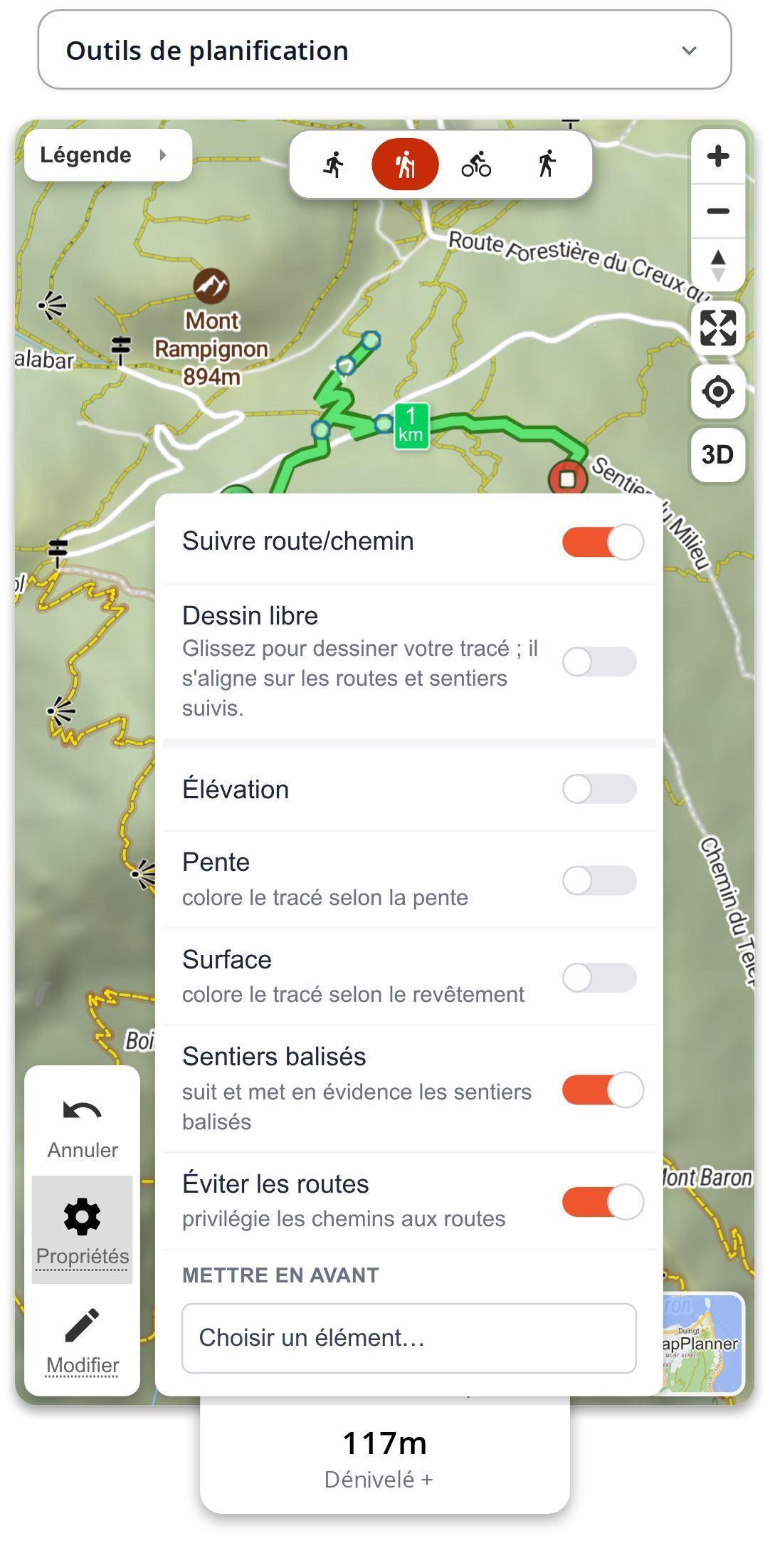 Propriétés de la carte ouvertes sur smartphone dans MapPlanner, avec les interrupteurs des sentiers balisés et d'évitement des routes activés, au-dessus d'une carte où les sentiers balisés ressortent