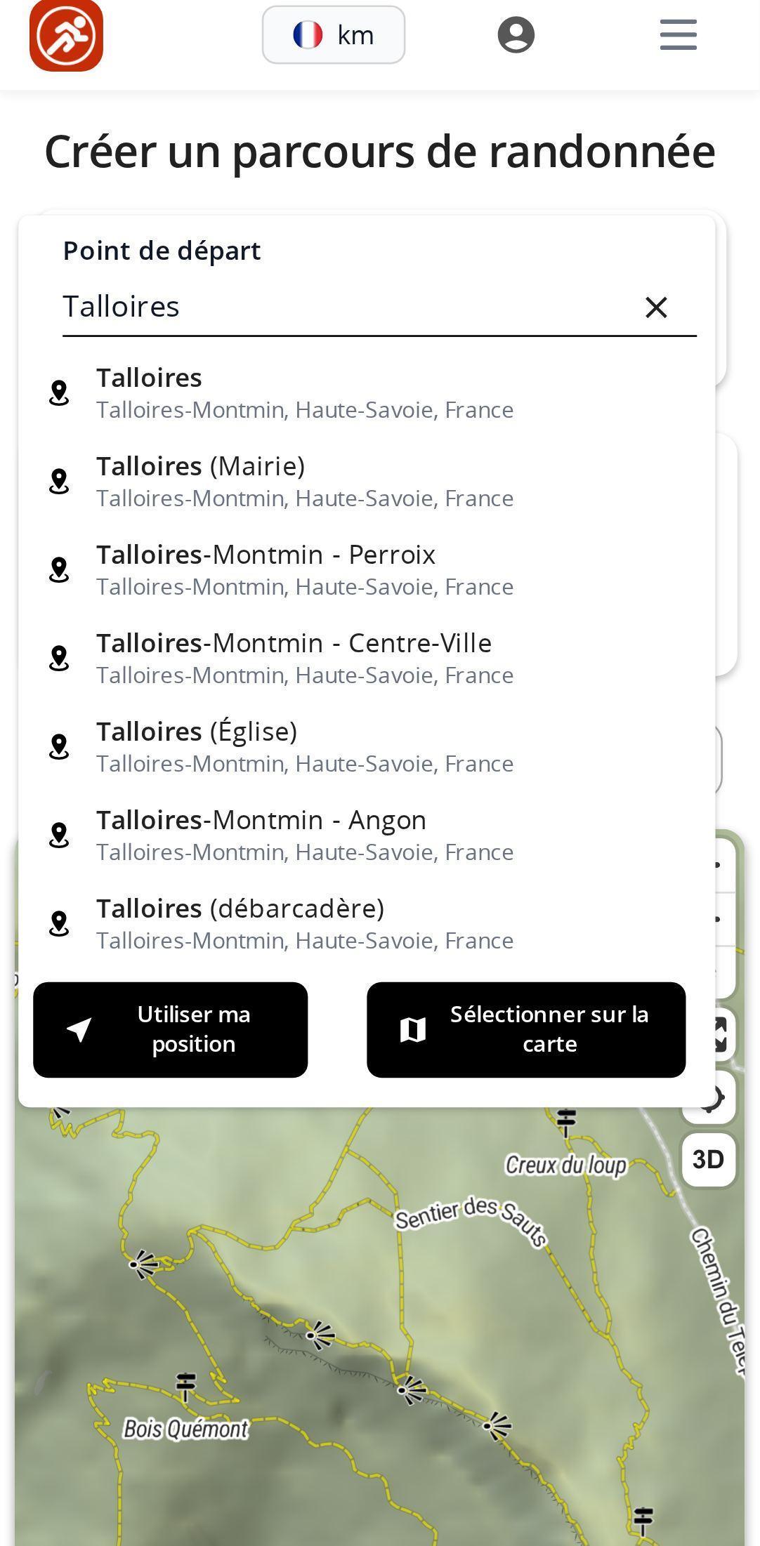 Recherche d'un lieu sur smartphone dans le planificateur MapPlanner : champ de recherche avec la liste de suggestions et les boutons pour utiliser sa position ou sélectionner un point sur la carte