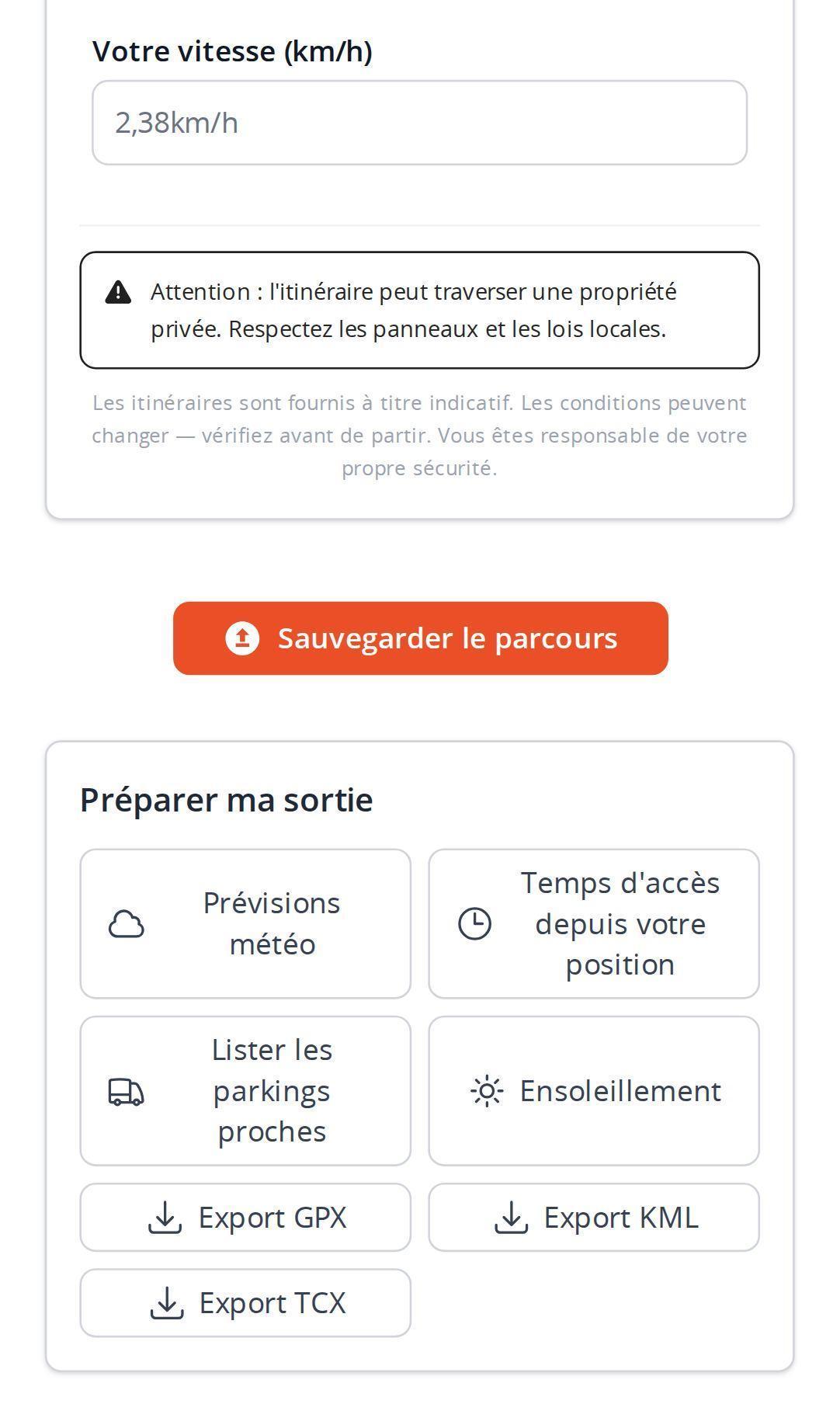 Options d'export sur smartphone dans le planificateur MapPlanner, avec les boutons GPX, KML et TCX sous un itinéraire tracé
