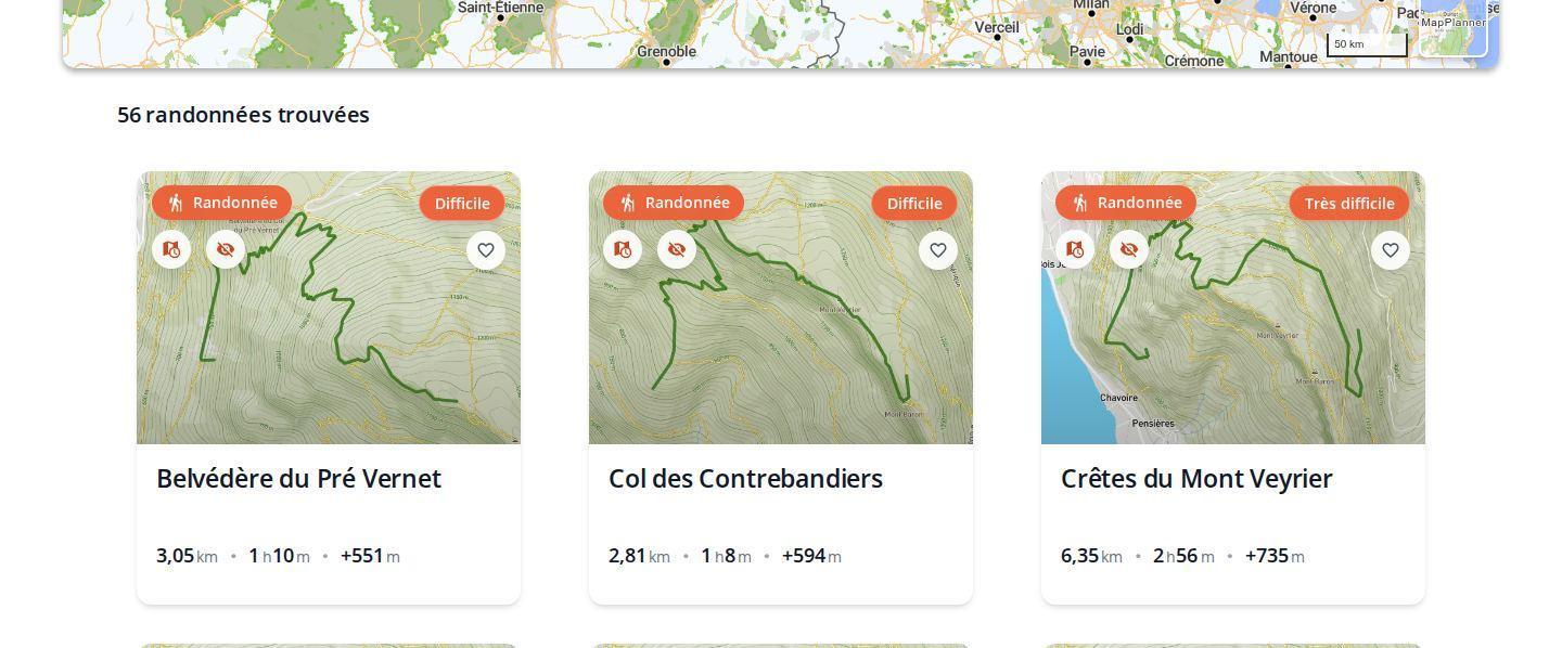 Liste de parcours planifiés dans MapPlanner sur ordinateur, avec plusieurs randonnées enregistrées, leur carte, leur distance, leur durée et leur dénivelé