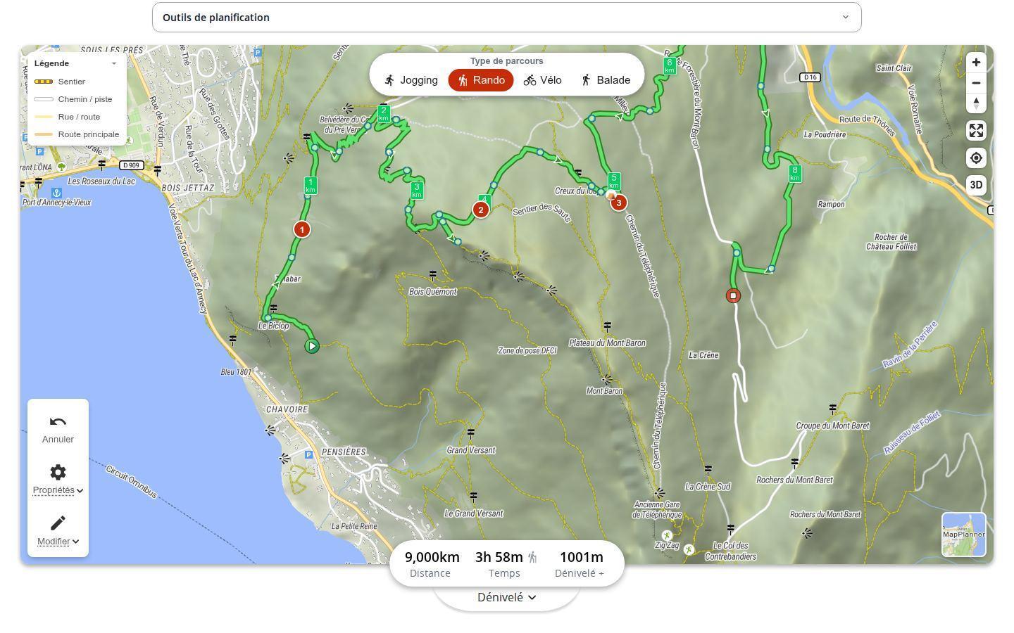 Itinéraire de randonnée au-dessus du lac d'Annecy dans MapPlanner sur ordinateur, avec trois étapes numérotées posées sur le tracé et les statistiques : 9,0 km, 3 h 58 min et 1001 m de dénivelé positif