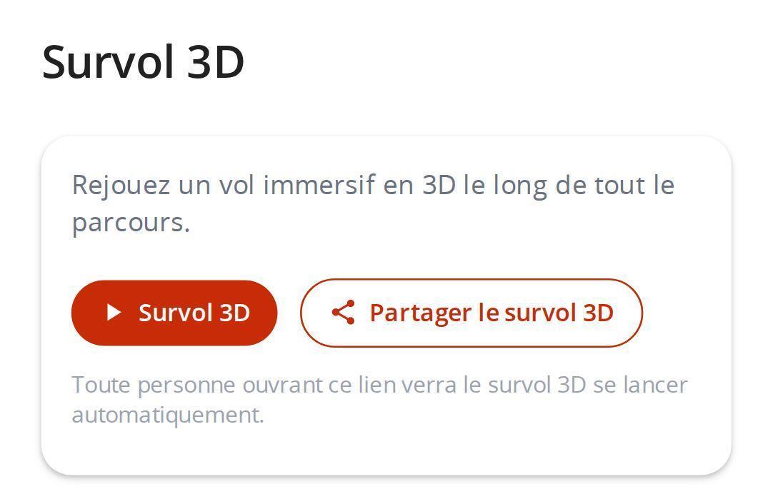 Bloc Survol 3D d'une page de parcours MapPlanner, avec les boutons Survol 3D et Partager le survol 3D