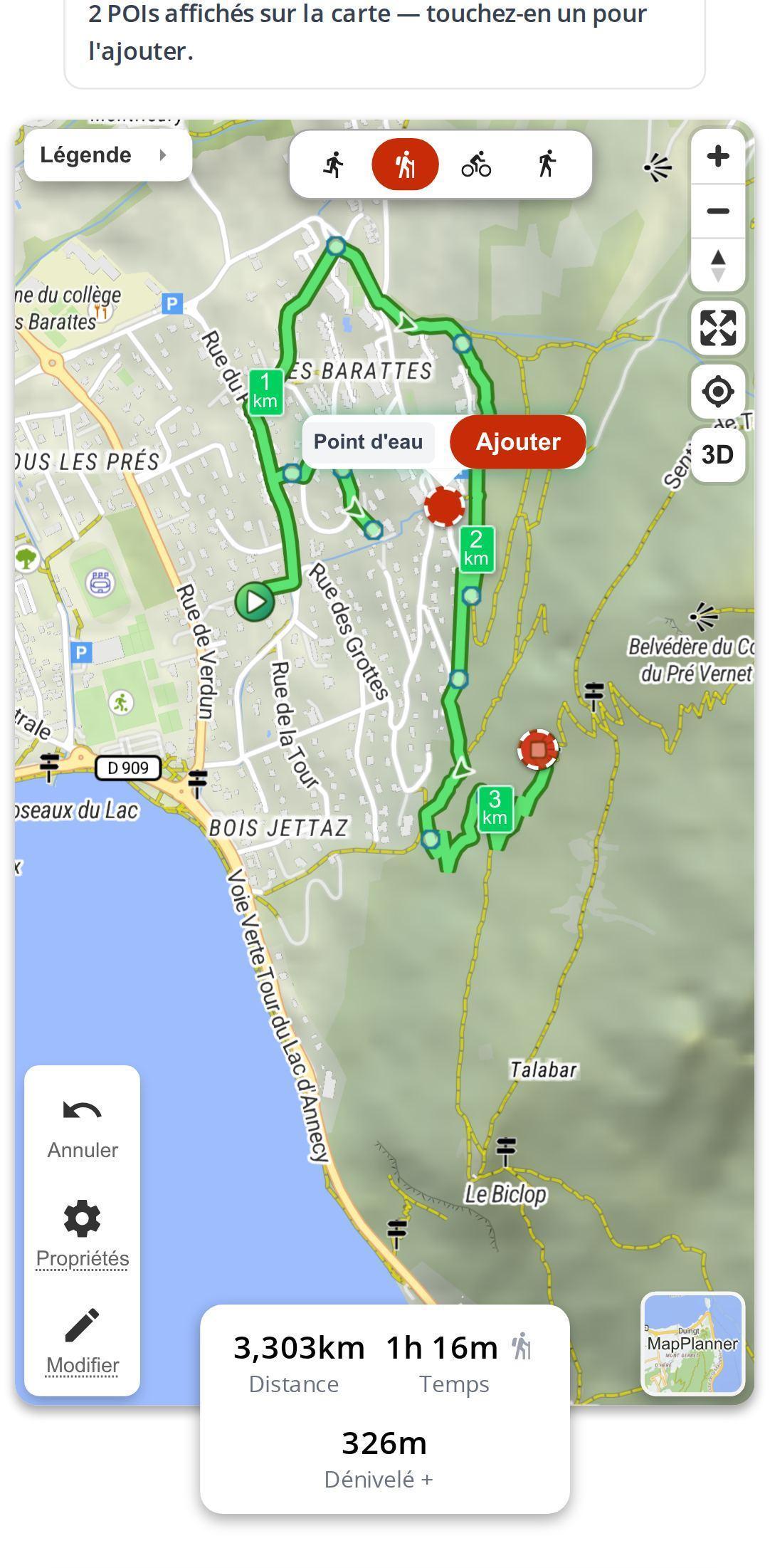 Suggestions de POIs sur smartphone dans MapPlanner : marqueurs le long du tracé et bulle d'un point d'eau avec le bouton Ajouter