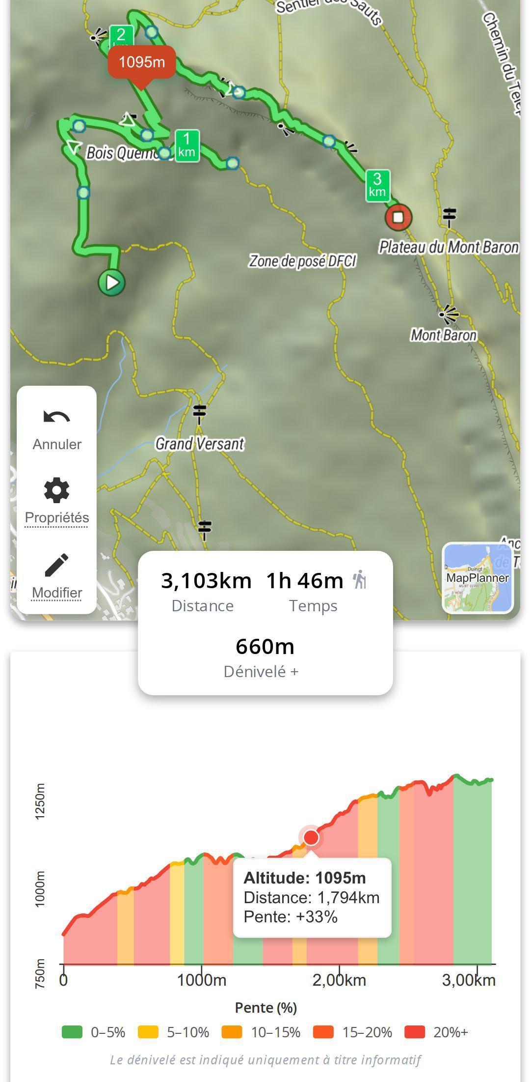 Profil d'altitude d'un parcours sur smartphone dans MapPlanner, avec la bulle indiquant l'altitude, la distance et la pente au point touché et le repère correspondant sur la carte
