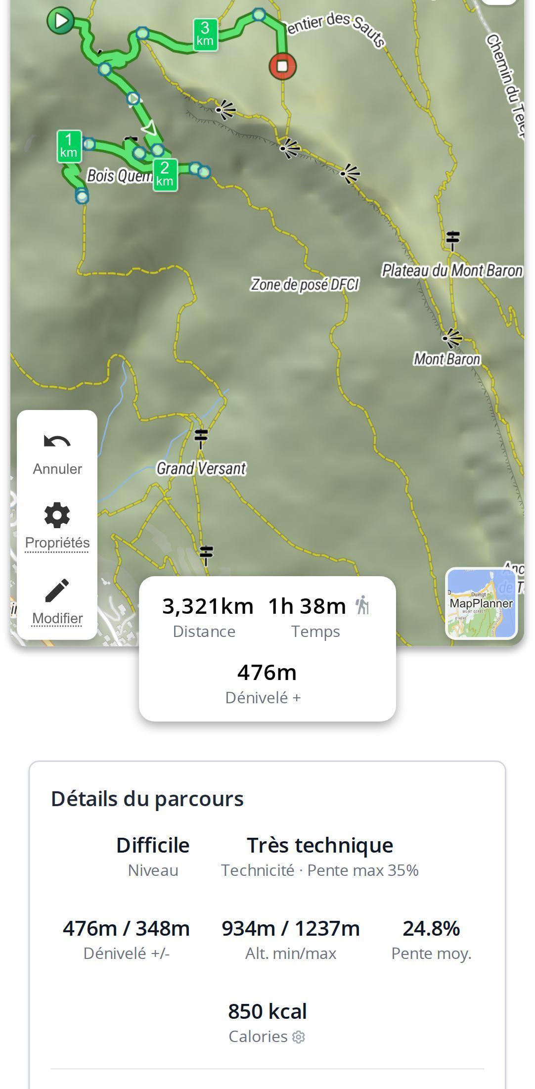 Niveau et technicité d'une randonnée sur smartphone dans MapPlanner, affichés dans les détails du parcours sous la carte