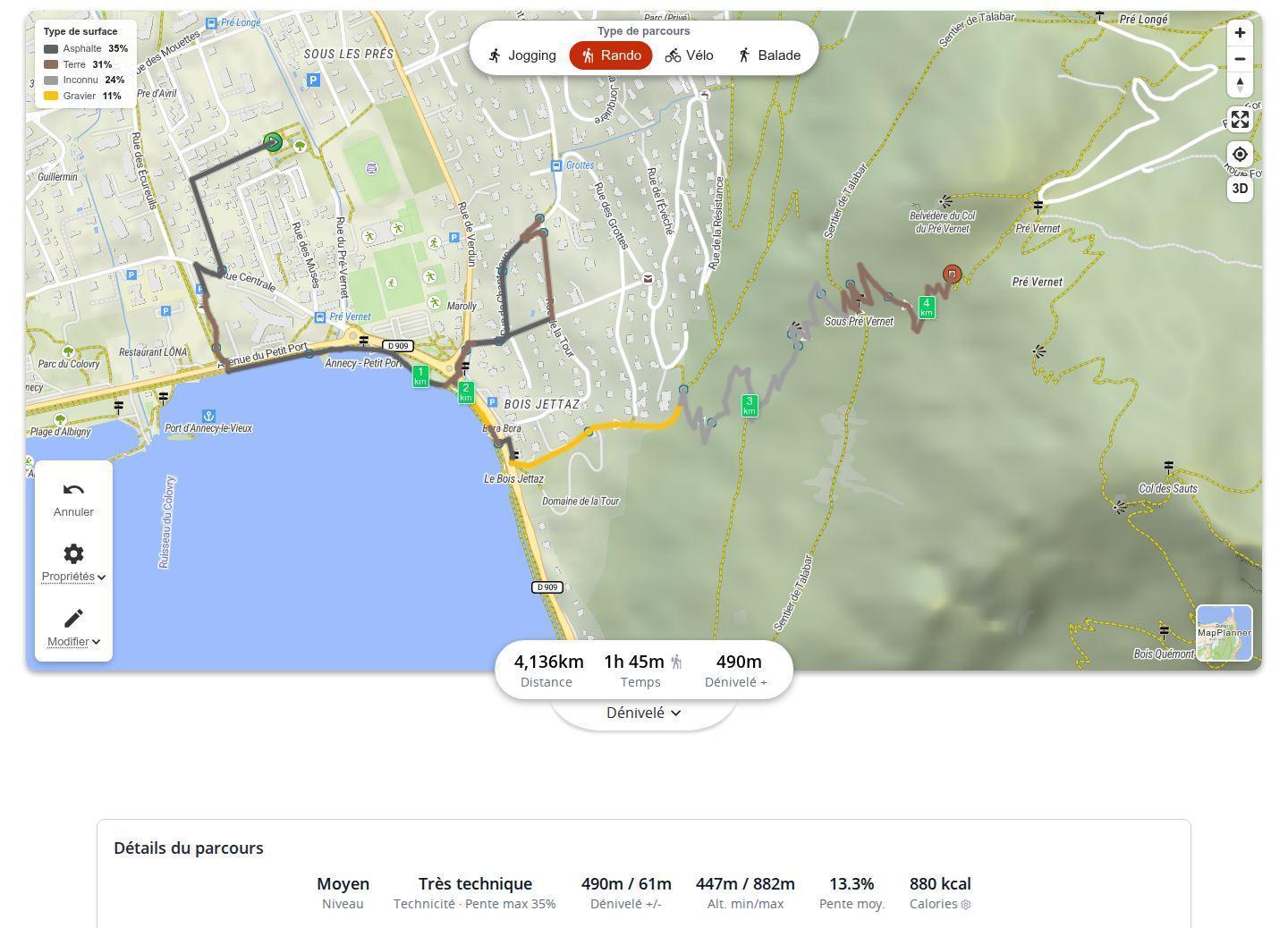 Tracé d'une randonnée coloré par type de surface dans MapPlanner, avec la légende indiquant la part de chaque revêtement et les calories dans les détails du parcours