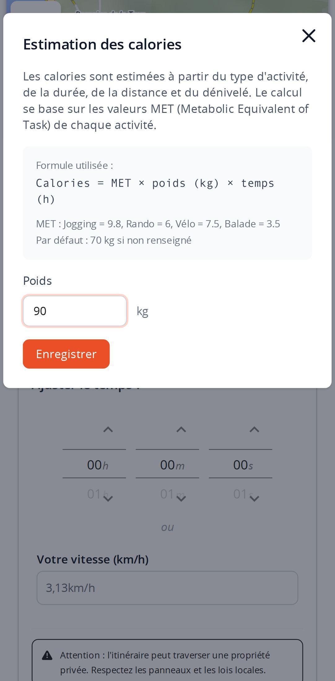 Fenêtre d'estimation des calories sur smartphone dans MapPlanner, avec la formule utilisée, les valeurs MET par activité et le champ de poids