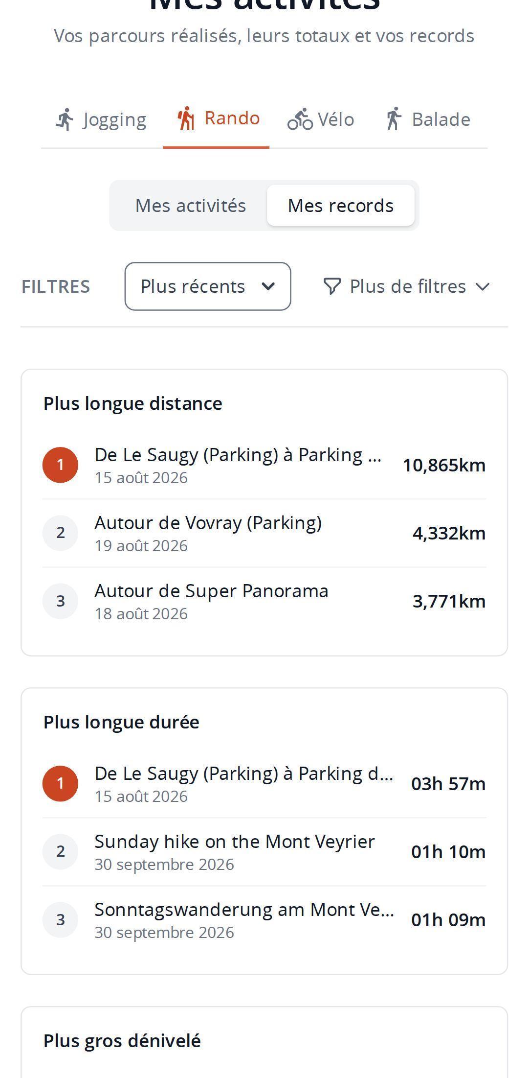 Vue des records sur smartphone dans MapPlanner, avec les trois meilleures randonnées pour la plus longue distance et la plus longue durée avec leur date