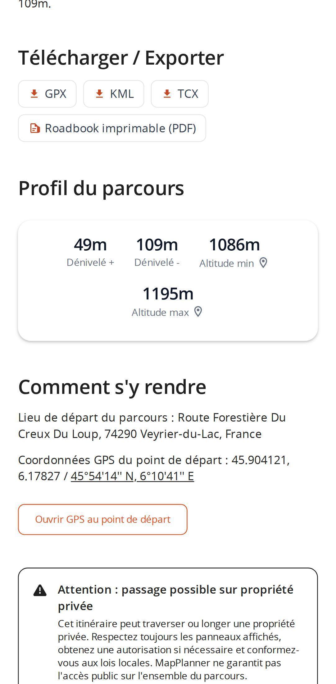 Options d'export d'une page de parcours sur smartphone dans MapPlanner : fichiers GPX, KML et TCX et roadbook imprimable en PDF