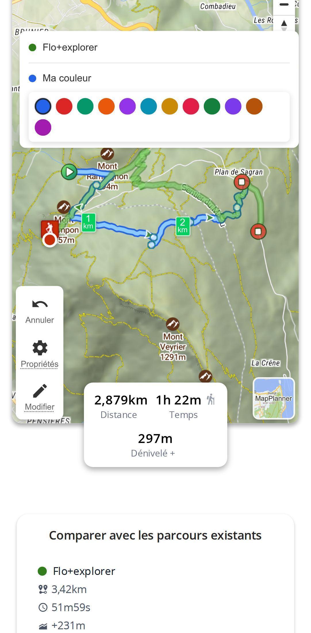 Proposition d'un parcours alternatif sur smartphone dans MapPlanner : tracé en cours sur la carte, choix de la couleur du participant et tableau de comparaison avec les parcours existants