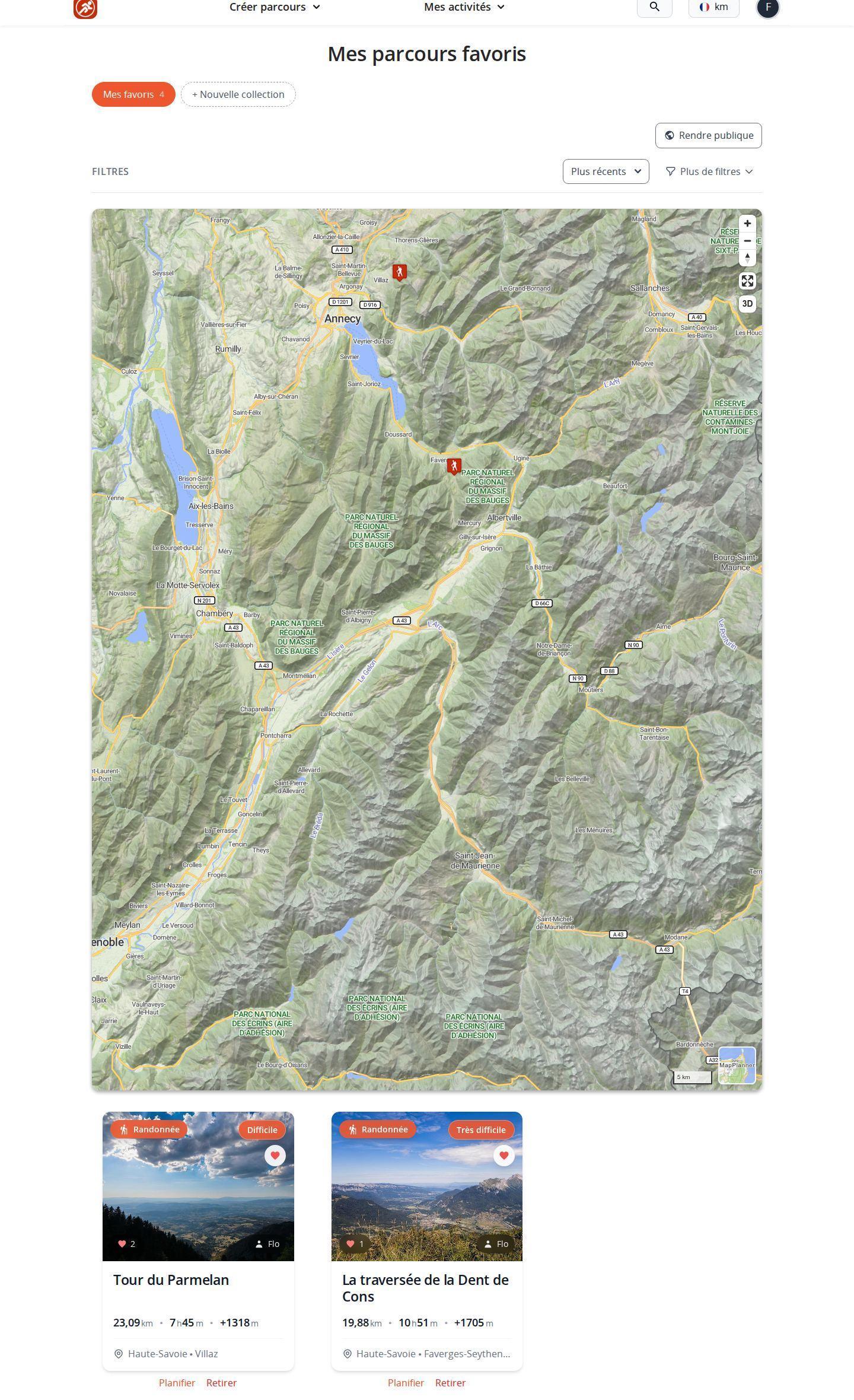 Page des parcours favoris de MapPlanner sur ordinateur : collections en pastilles avec leur nombre de parcours, carte des parcours enregistrés et cartes de parcours avec leurs liens