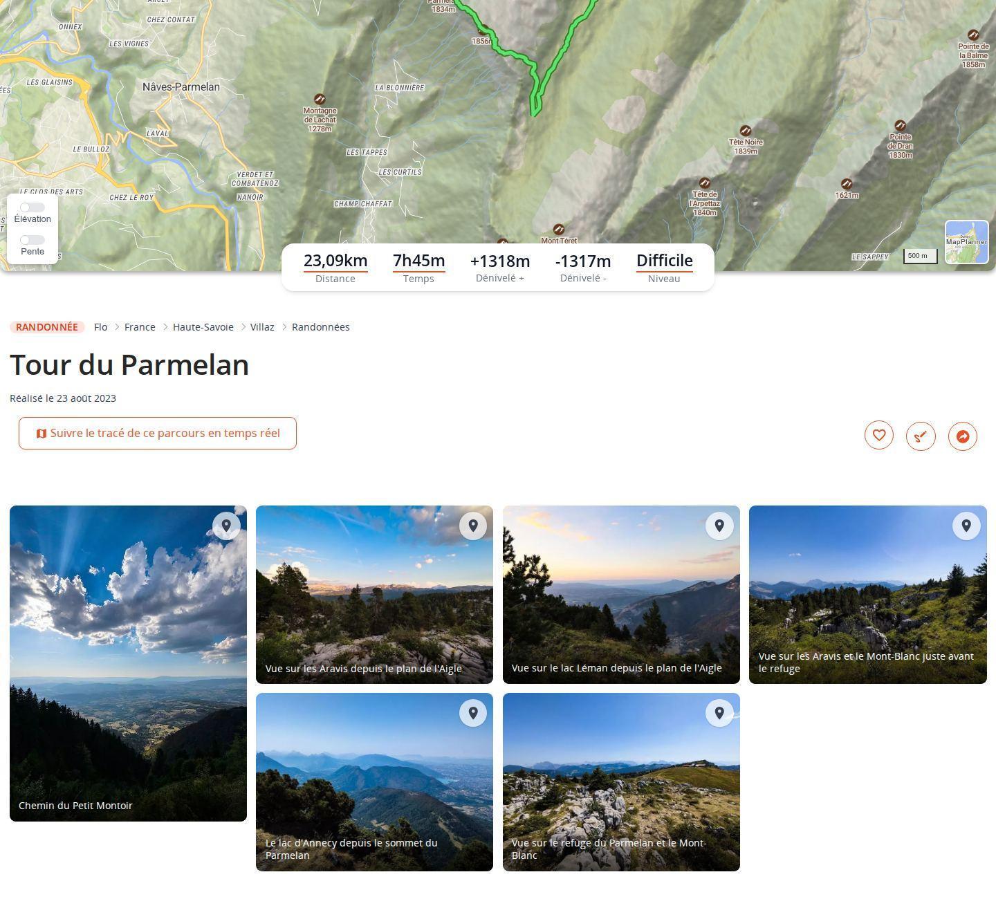 Page d'un parcours de randonnée dans MapPlanner sur ordinateur : carte du tracé, barre de statistiques avec distance, temps, dénivelé et niveau, puis galerie de photos légendées