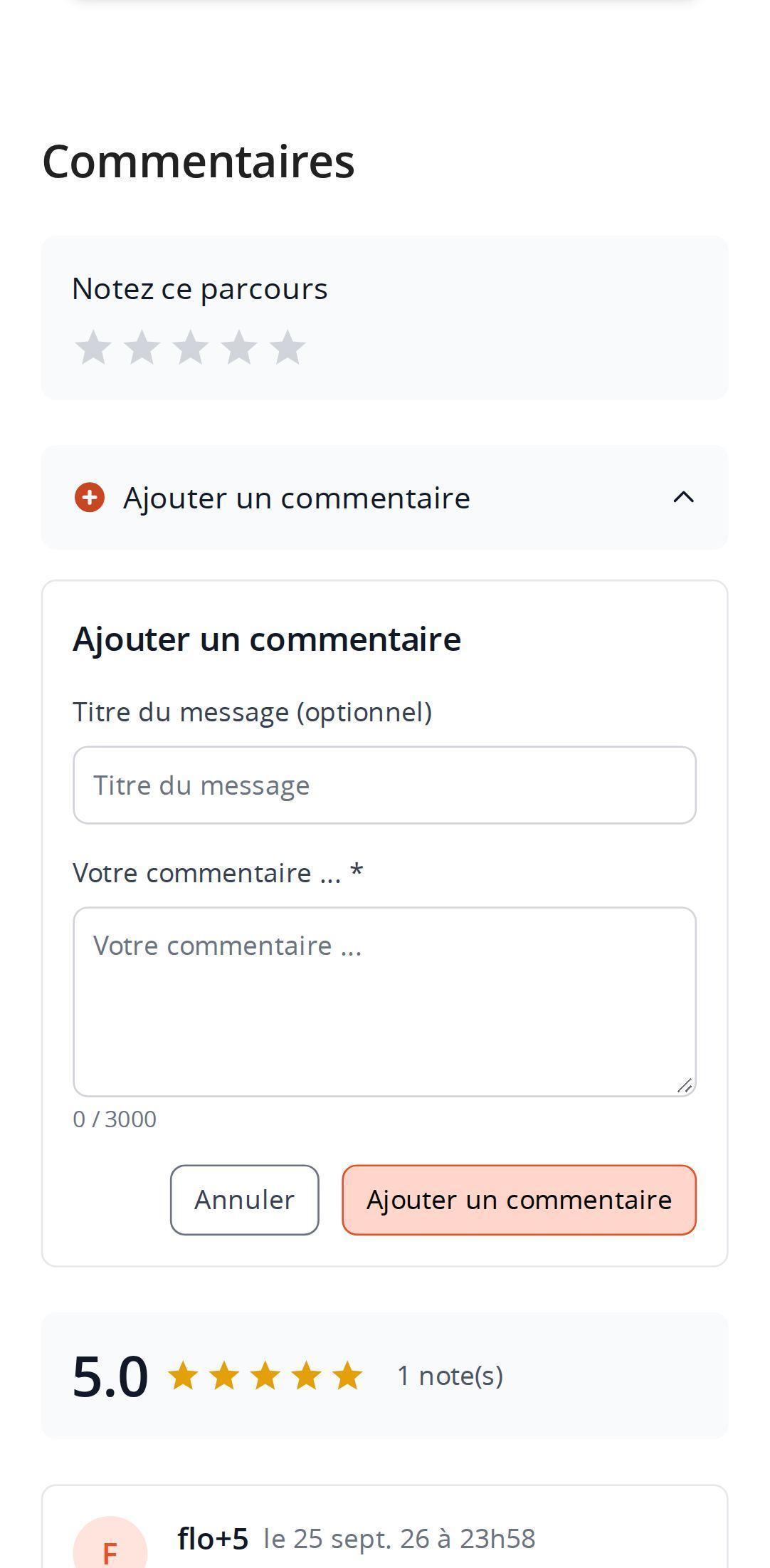 Section commentaires d'un parcours sur smartphone dans MapPlanner : étoiles pour noter le parcours, formulaire d'ajout de commentaire ouvert et note moyenne en dessous